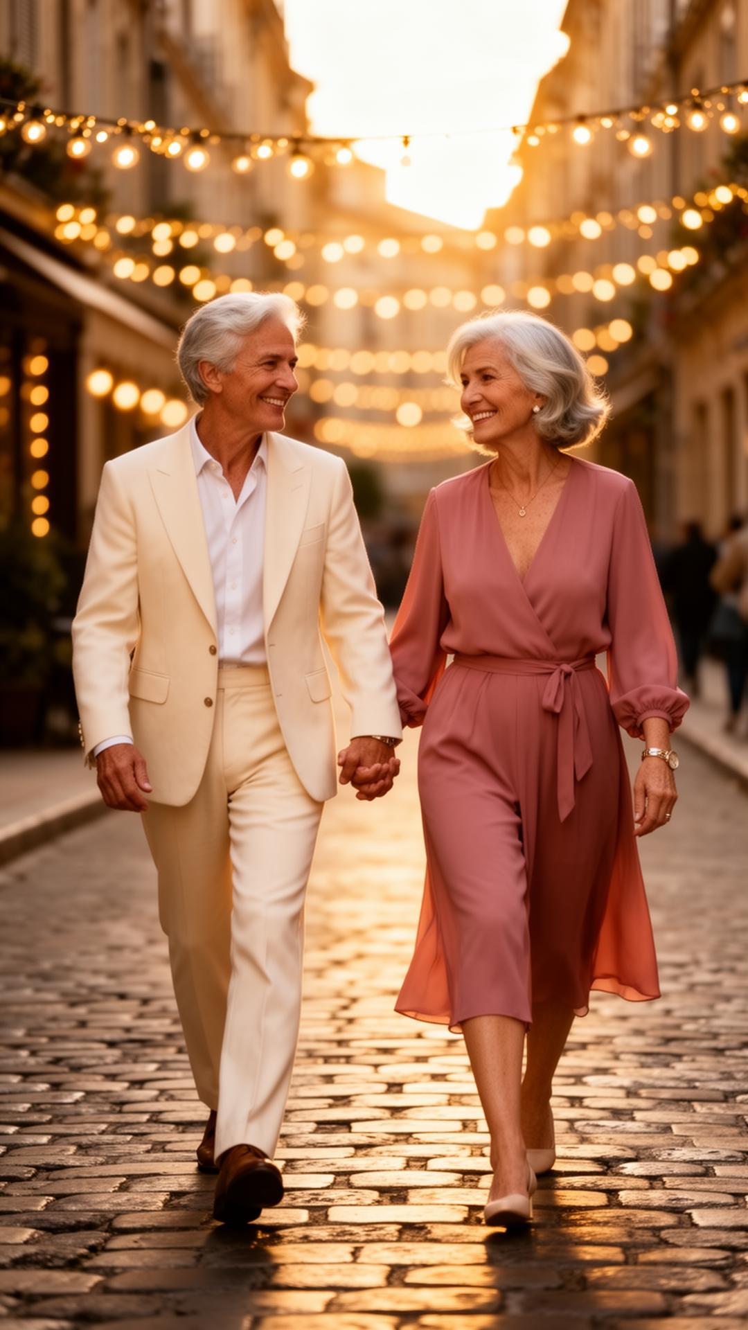 A couple in their sixties walking hand in hand at sunset