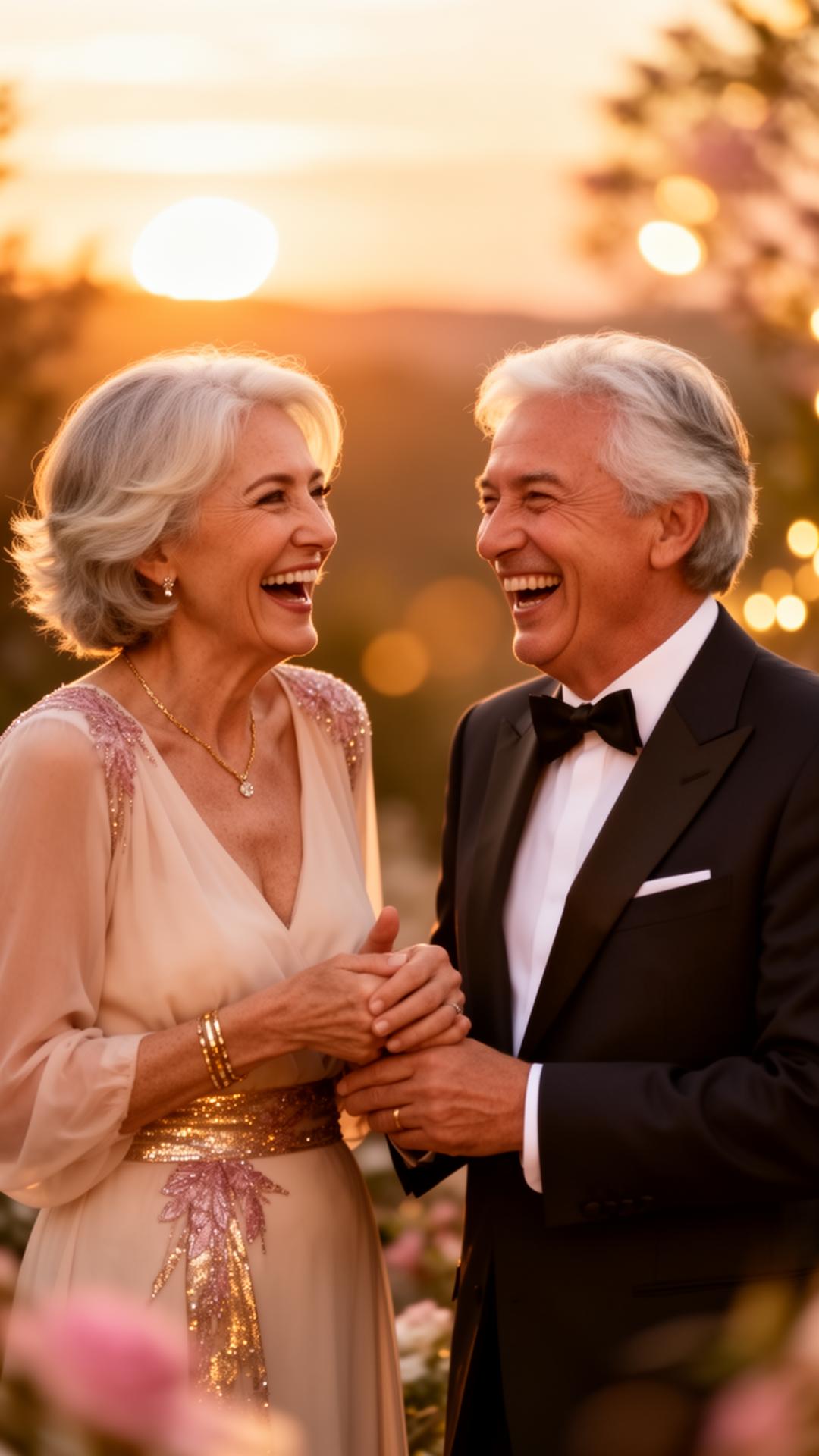 Mature couple laughing together at golden hour